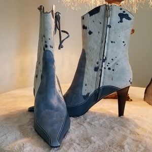 Blue Leather, Suede and Calf High Heel Boot